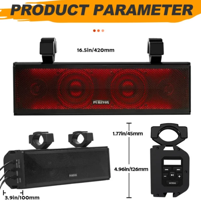 UTV/ATV 17" Bluetooth Sound Bar 4 Speaker Amplified Audio Waterproof with Multi-color Lighting for Golfcart Can Am - Image 5